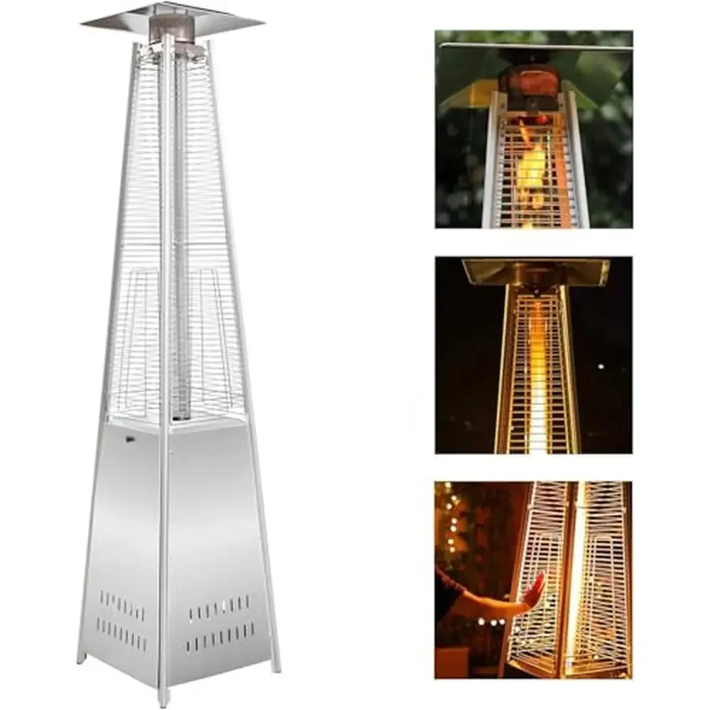 Silver Outdoor Heater with Wheels Patio Heater Pyramid Patio Tower Heater Outdoor Use Flame Glass Tubing 42000 BTU Hammered