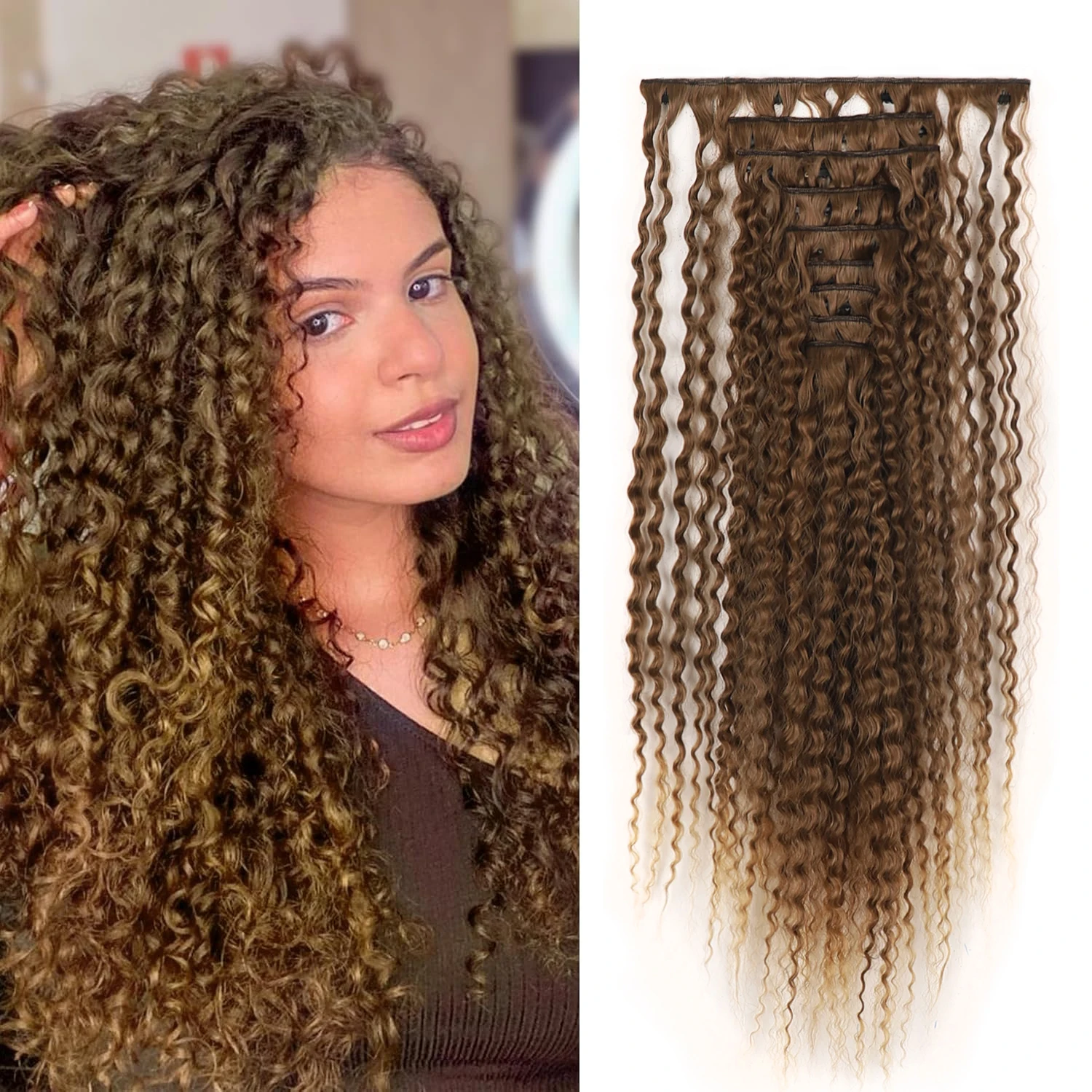 

Synthetic Hair Extensions Curly Thick Hair 9pcs/set Clip in Hairpiece 22inch 145g For Full Head Black Brown Color