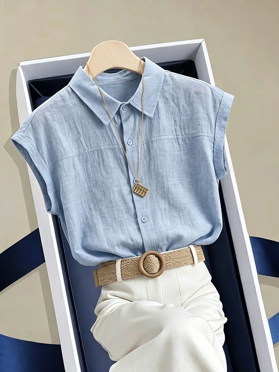 

Elegant Single-Button Neck Shirt Women's Fashion Design Summer 2026 Korean Style Straight Cut Short Sleeve Pure Color