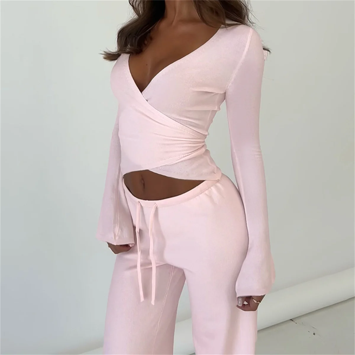 2025 Lounge Set Crop Tie Tops 2 Piece Pant Set Outfits Women Clothes Sweatsuits Sexy Elegant Pink Solid Two Piece Set Tracksuits