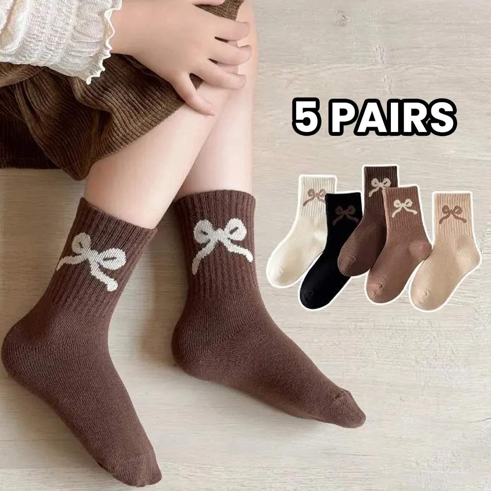 

5 pairs children's high-elasticity solid-color sports socks with bowknot patterns, suitable for autumn and winter