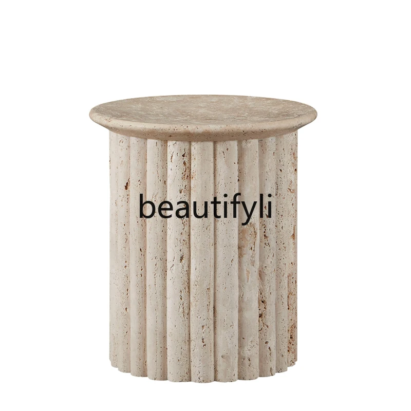 

Nordic wabi-sabi creative round travertine small side table light luxury modern coffee table