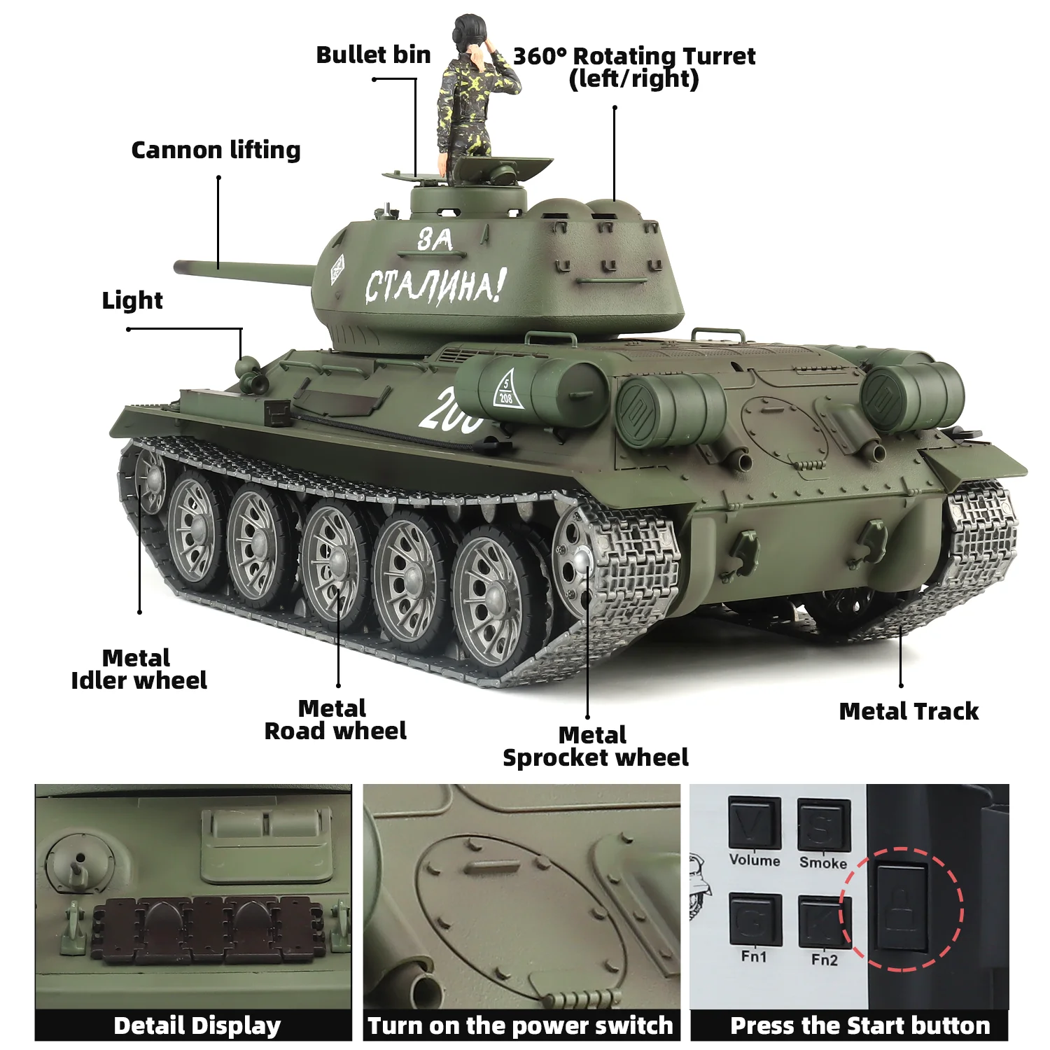 Heng Long rc tanks 1/16 Soviet Union T-34/85 tank Model(Metal Road Wheel & Track & Gun canal)(360-Degree Rotating Turret)