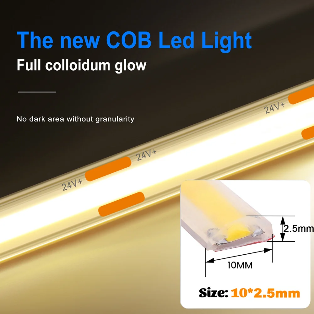 IP67 방수 COB LED 스트립 조명 12V 24V 3000K 4000K 6000K 유연한 Led 테이프 5m 10m 20m 0.5m 1m 2m 480LED/m 선형 조명