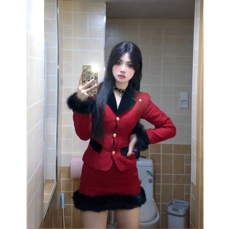 Set da due pezzi da donna caldo autunnale Moda coreana Design vintage francese Set giacca e gonna rossa Eventi casual Abbigliamento femminile