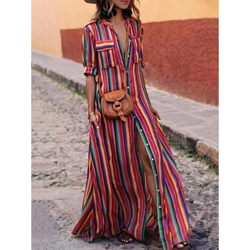 TΣ Bohemen Gestreepte Damesjurken 2025, Casual losse pasvorm, revers, korte mouwen, button-down, vakantie, lange jurk 178054