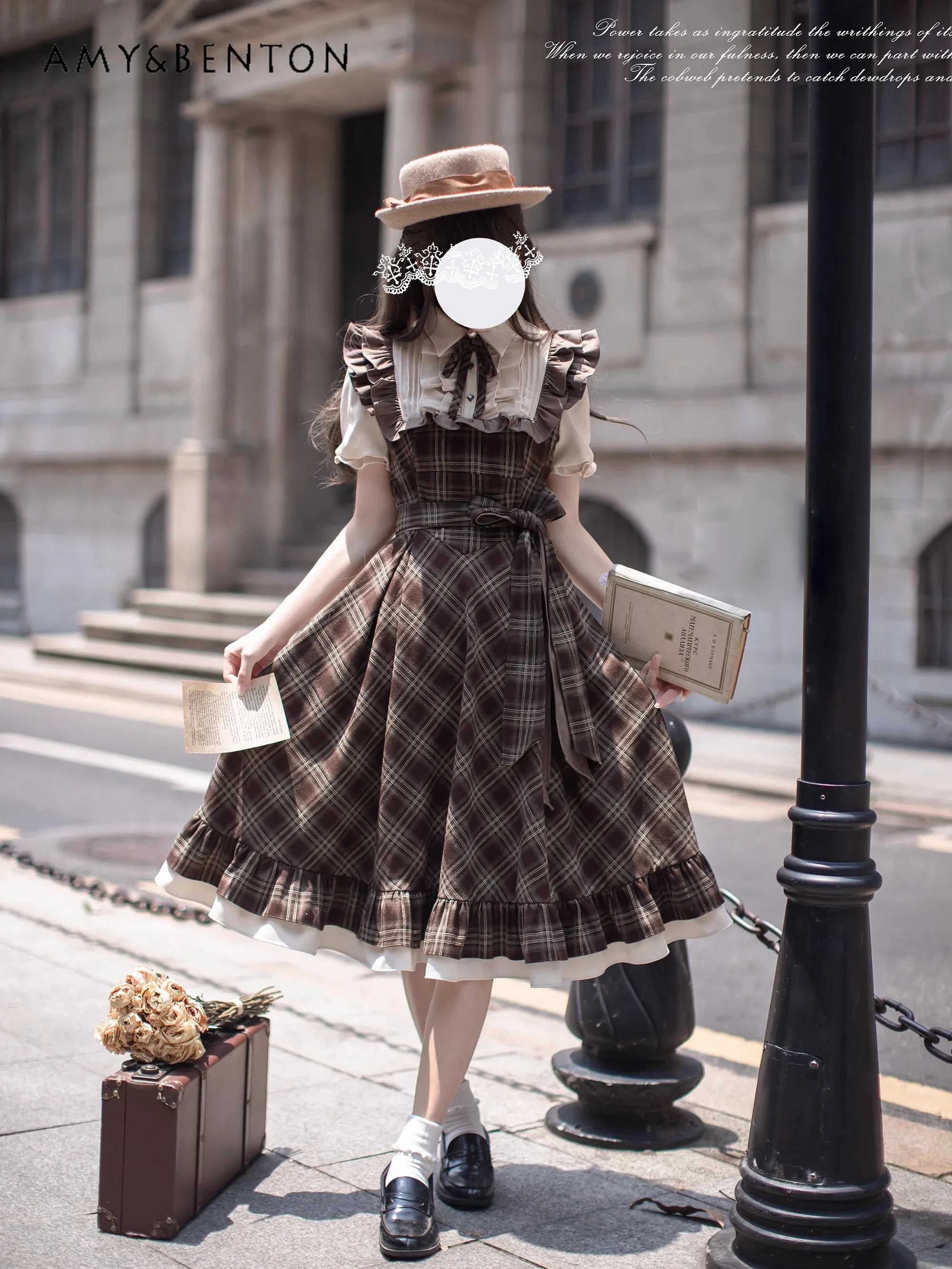 

Vintage Elegant Temperament Short-sleeved Op Dress Lolita Preppy Style Sweet Cute Ruffle Edge Slim Mid-length Dress for Women