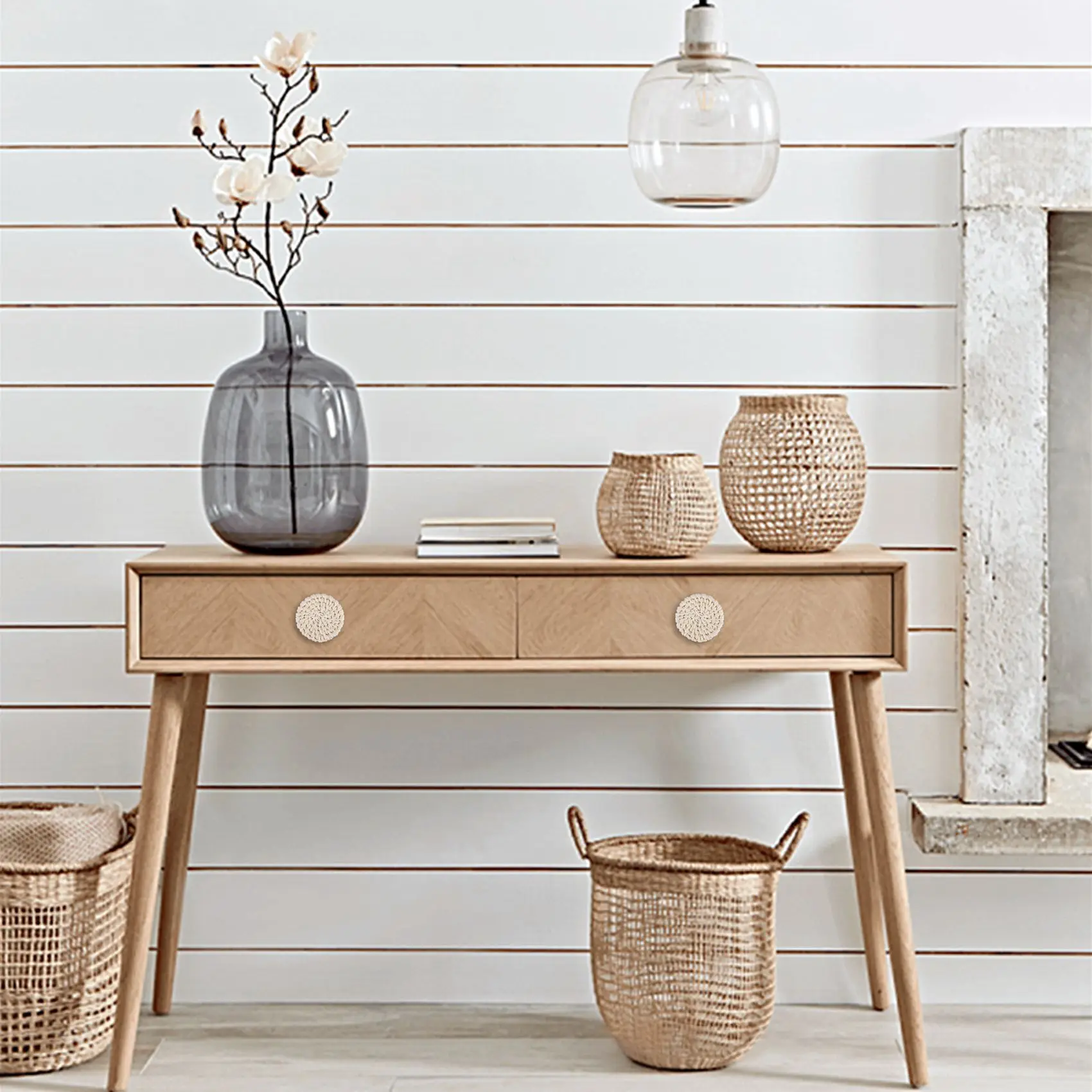 NOCM Boho Rattan Dresser Knobs Round Wooden Drawer Knobs Handmade Wicker Woven And Screws For Boho Furniture Knobs Beige