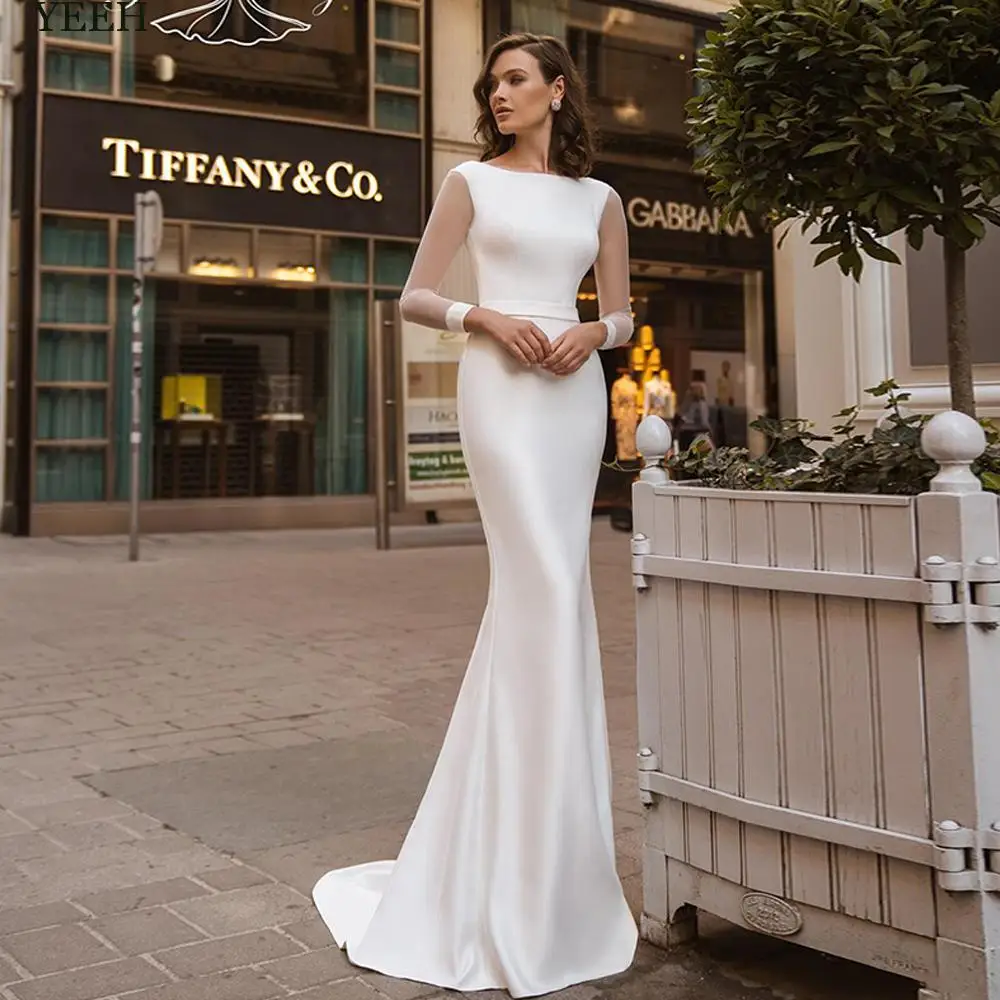 C&C 2024 Simple Mermaid Boat Neck Wedding Dresses For Women Bride Charmeuse Trumpet With Sash 3/4 Sleeves Corset Robe De Mariée