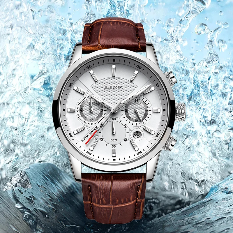 

New Fashion LIGE Man Watch Top Brand Leather Strap Waterproof Casual Sport Automatic Date Quartz Watches for Men Chronograph+Box