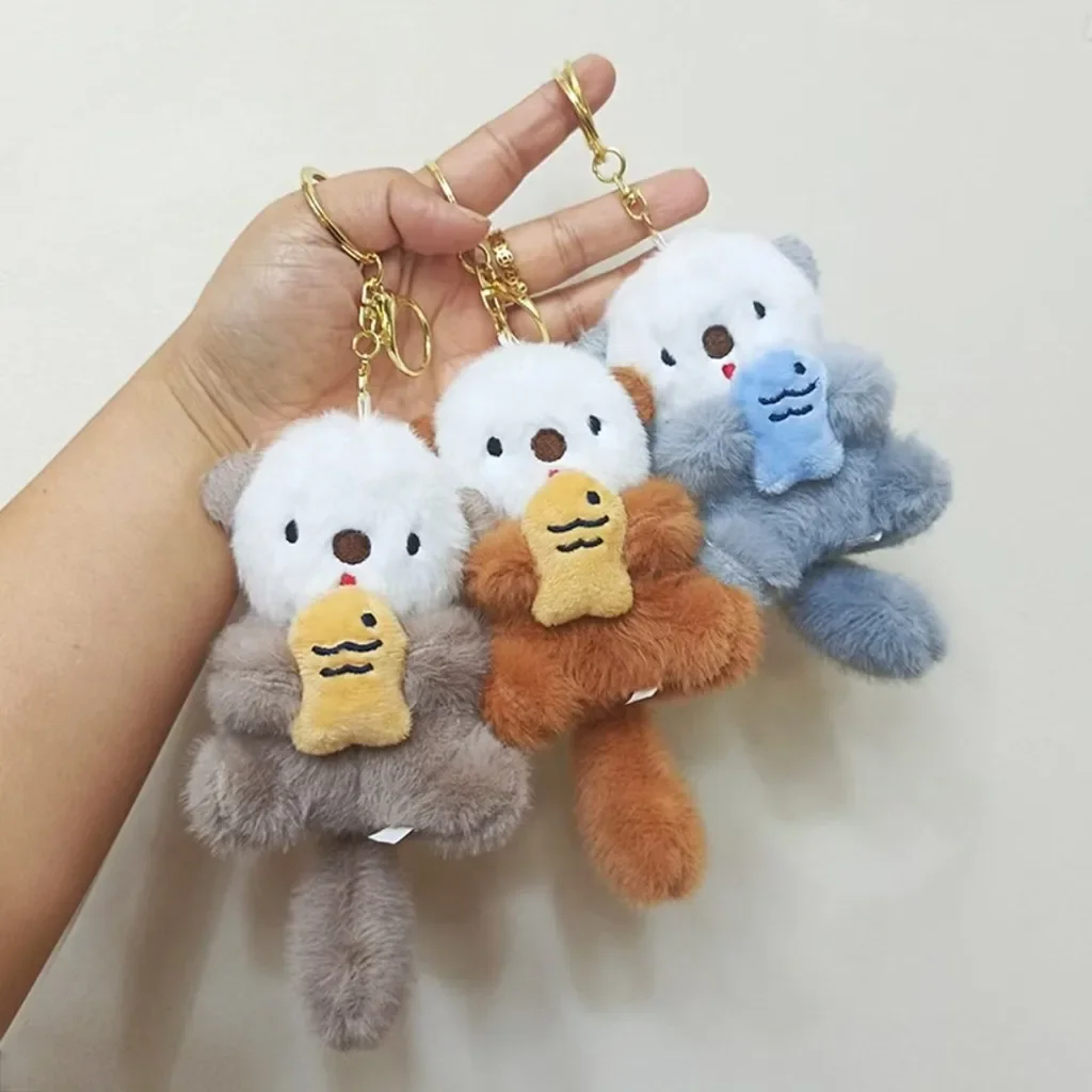 Otter Plush Keychain Holding Fish Design Backpack Pendant Keyring Bag Charm Wallet Accessory Cute Gift