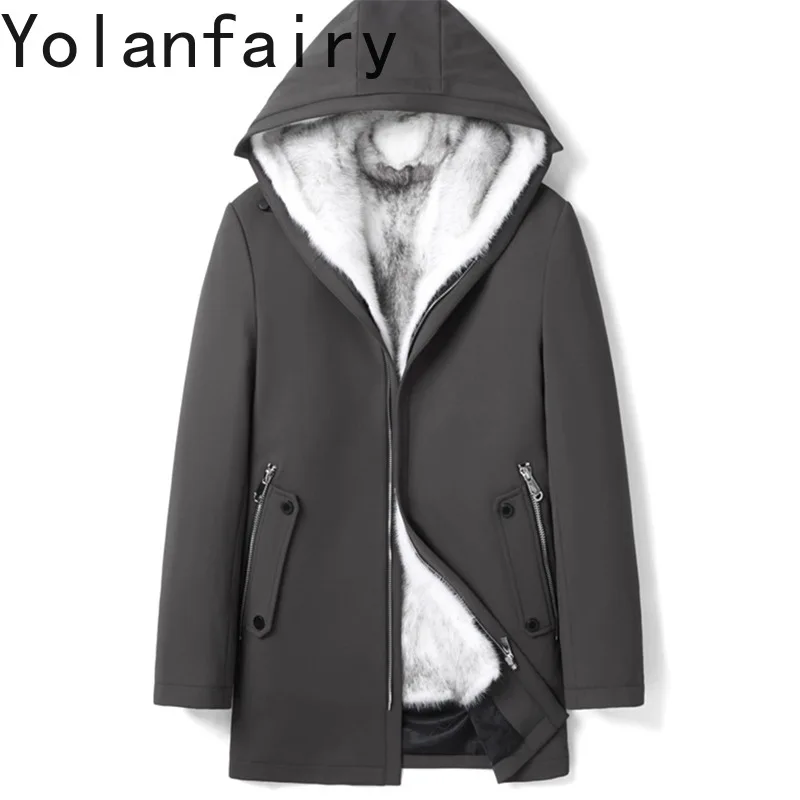 

YOLANFAIRY Luxury Natural Fur Parkas Men's Warm Winter High-end Whole Mink Fur Liner Hooded Jacket Man Mid-length Overcoat Parka