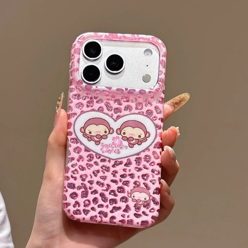 Cute Cartoon Monkey Pink Leopard Print Phone Case for iPhone 17 16 15 Pro Max Glossy Soft Shockproof Protective Cover
