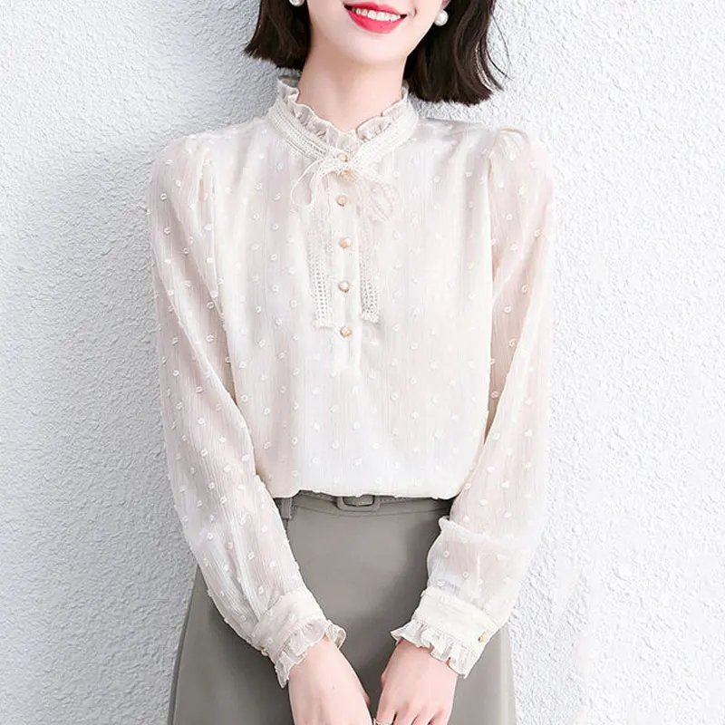 Spring Autumn Elegant Stand Collar Shirt Stylish Drawstring Bow 2023 Female Clothing Korean Solid Color Chic Pearl Button Blouse