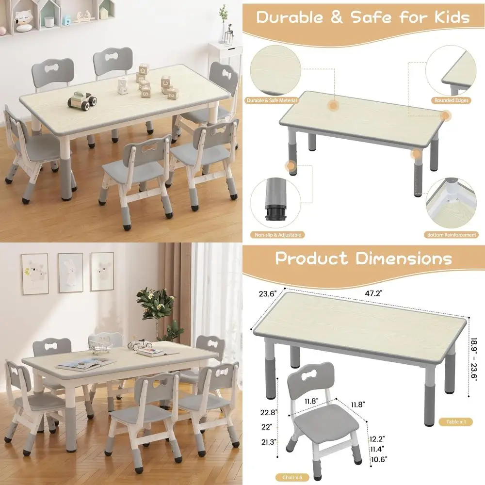 

Стол для малышей и 6 стульев с регулируемой высотой, дизайн граффити, учебный набор для детей от 2 до 10 лет, серый