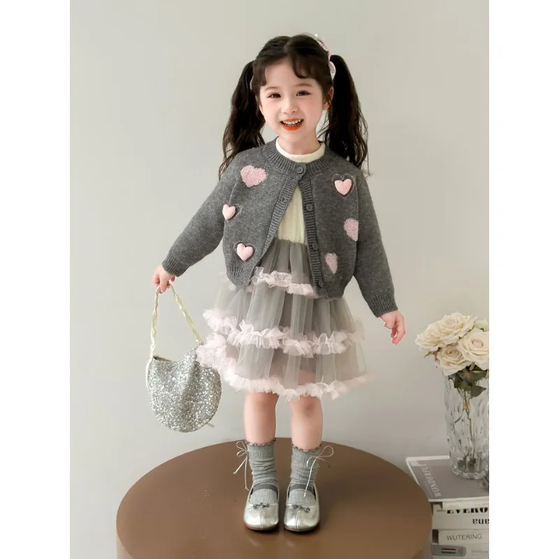 فستان الفتيات الربيع والخريف 2025 جديد للأطفال سترة مشغولة من الصوف الغزل تنورة مجموعة ، الفتيات الصغيرات فستان الخريف سترة تنورة #2
