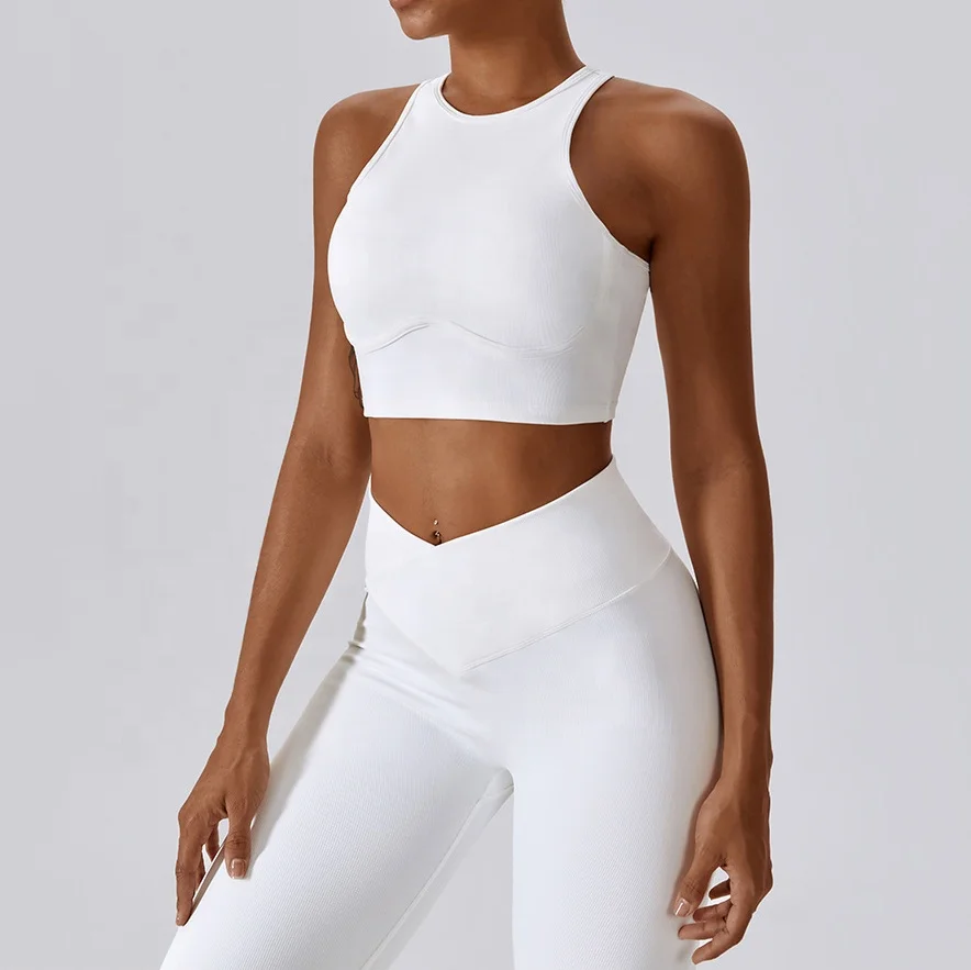 Women Soft Compression Elastic V Cut Ribbed Dance Flare Pants and Bra Set New Solid Color Gym Fitness Yoga Set