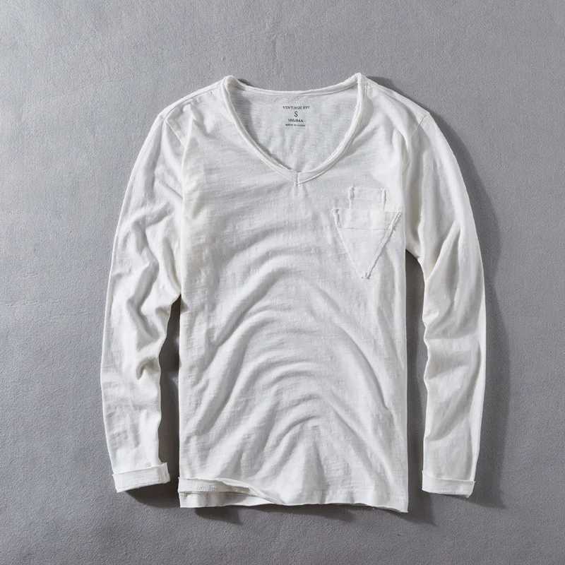 

Slub Cotton Men's Distressed Long Sleeve Vintage T-Shirt V Neck Fashion Retro Casual Thin Comfortable Top Tees Tshirt