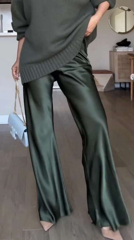 Pantalon en satin pour femmes, printemps-été, taille haute, couleur unie, ample, jambes larges