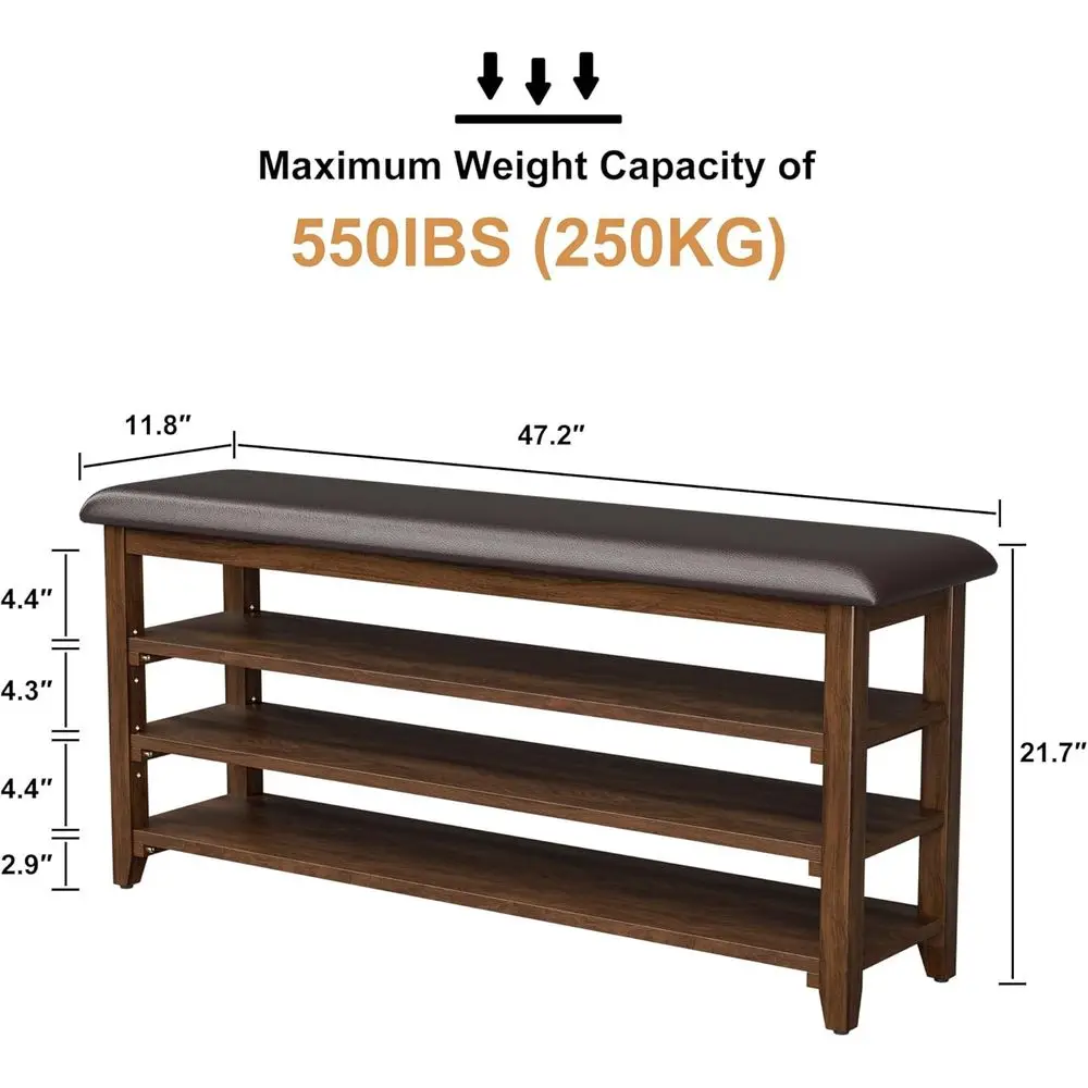 Rustic 3-Tier Adjustable Height Wood Shoe Bench with Leather Cushion, Brown, 47.2 for Hallway & Mudroom Storage