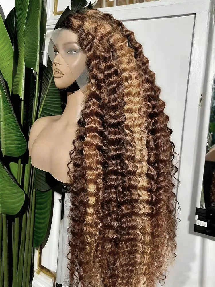 Wig Rambut Asli 200% 13x4 HD Transparent Deep Wave Frontal Wig Ombre Highlight Curly Lace Front P4/27 5x5 Gluless Closure Wig