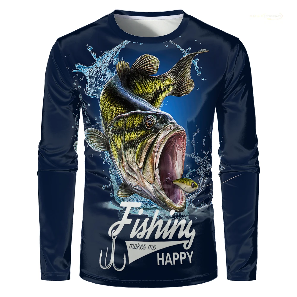 2024 Summer New Outdoor Fishing Men T-shirt 3D Fish Printed Long Sleeved T Shirt Casual Sunscreen O Neck Oversized Pullover Tops