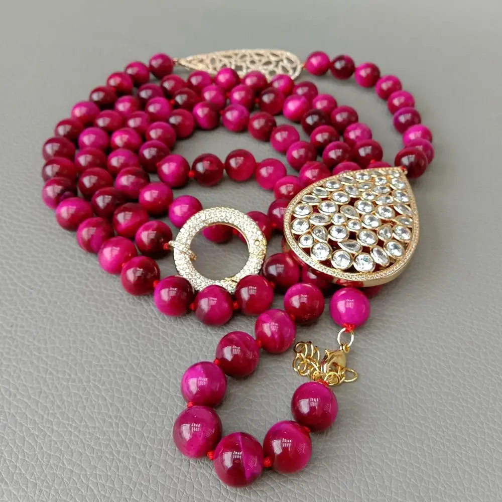 

Длинное ожерелье с петлей «Тигровый глаз» цвета фуксии, 10 мм, позолоченное ожерелье с кубическим цирконием, подвеска-капля, свитер, цепочка, ожерелье