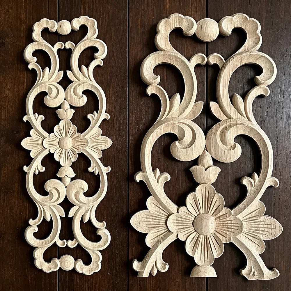 2PCS 55cm Wood Carved Unpainted European Exquisite Floral Leaves Rubber Furniture Window Corner Wooden Applique Onlay Figurines