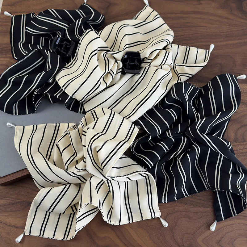 Scrunchie Hair Claw Striped Silk Scarf Retro Minimalist Back Head Half Up Holder for Women Daily Elegant Versatile Durable