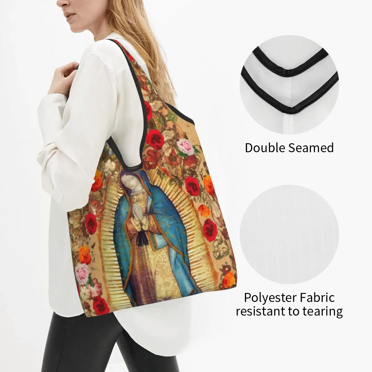 Custom Printing Our Lady Of Guadalupe Virgin Mary Tote Shopping Bags Portable Shopper Shoulder Catholic Mexico Poster Handbag