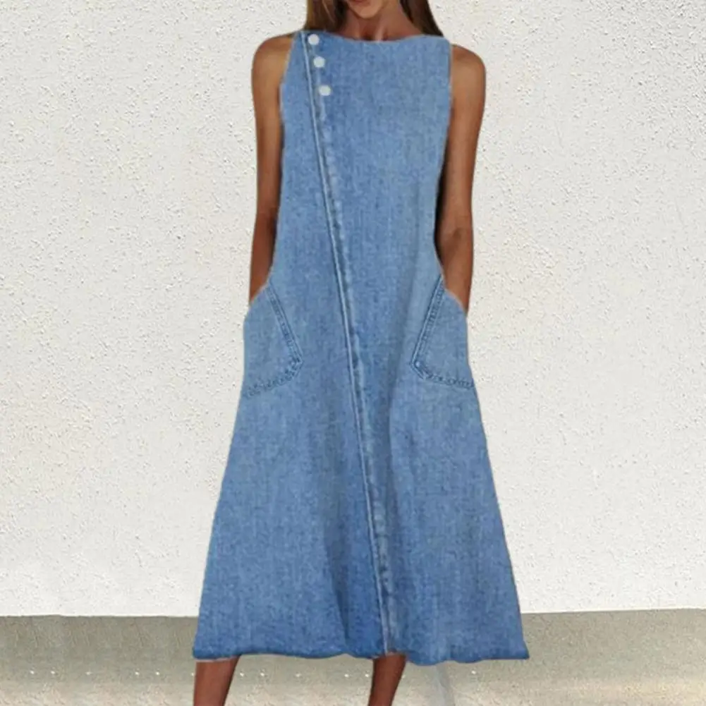 Loose Denim Dress Women Vintage Sleeveless Pockets Solid Color Summer Dress Midi Streetwear