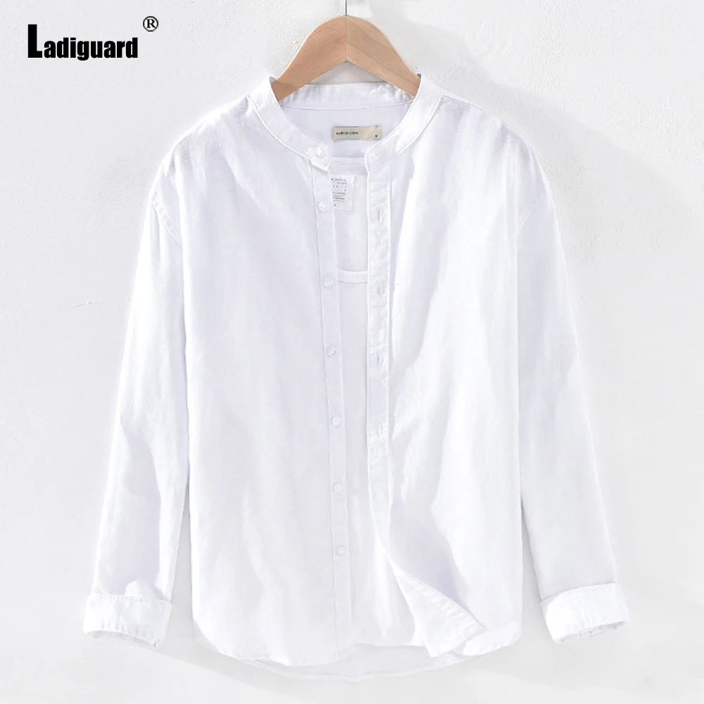 Men Long Sleeves Linen Shirt Clothing 2024 Autumn Fashion Open Stitch Tops Solid White Khaki Blouse Mens Casual Daily Shirts New