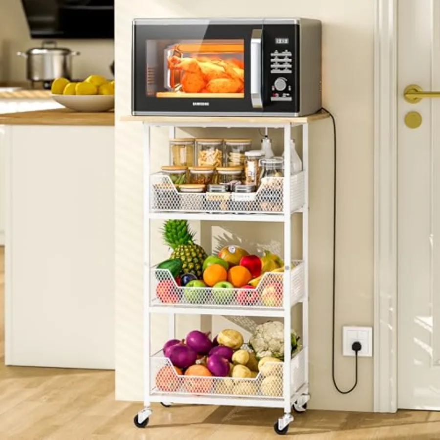 

Rolling Kitchen Microwave Cart with Fruit Baskets 4 Tier Microwave Table Stand with Storage Kitchen Storge Shelf on Wheels Smal