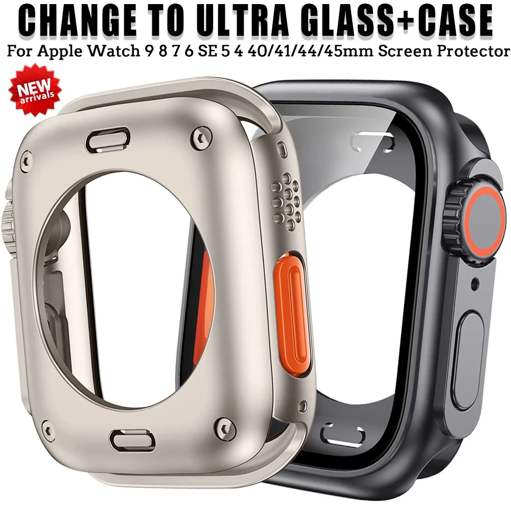 PC Case for Apple Watch Series 9 8 7 4 5 6 SE 45 44 Screen Protector Hard Shell Tempered Glass Change To Ultra 49mm cover Bumper