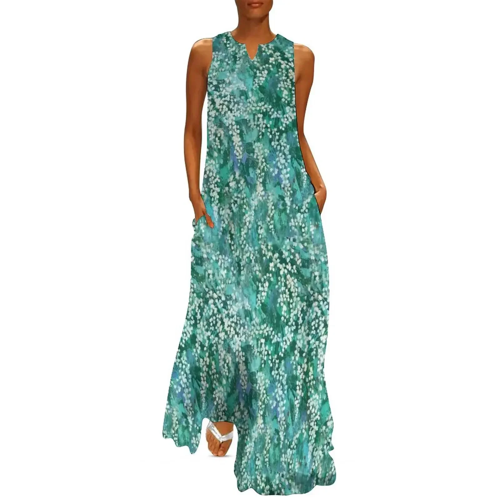 

White Berries Floral with Turquoise and Blue Long Dress women's evening dresses loose summer dress Dress