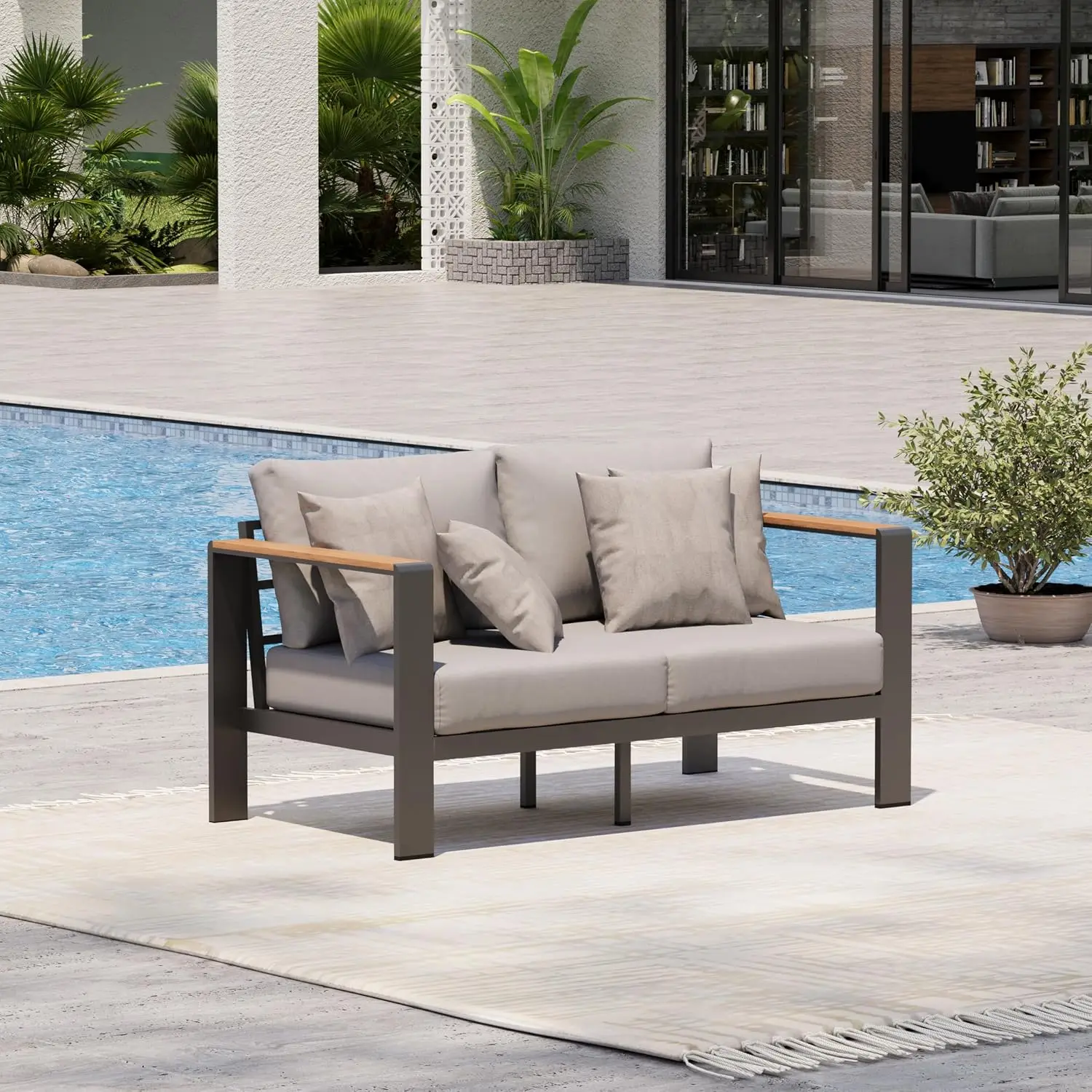 Aluminum Outdoor Loveseat Sofa, All-Weather Patio Furniture with Washable Cushion for Porch Balcony Deck Yard, Gray, Customized
