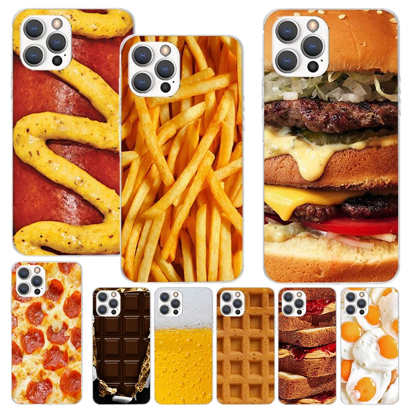 Funda blanda con estampado de comida, patatas fritas, cerveza y queso para iPhone 11, 13, 14 Pro Max, 15, Art 12 Mini, carcasa para teléfono XS, XR, X, SE, 7 Plus, 8