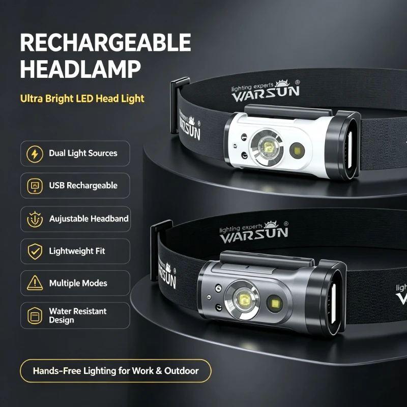New Warsun Headlamp Rechargeable Headlight Portable Rotating Powerfull Hunting Light Led Fishing Front Bicycle Light Tool