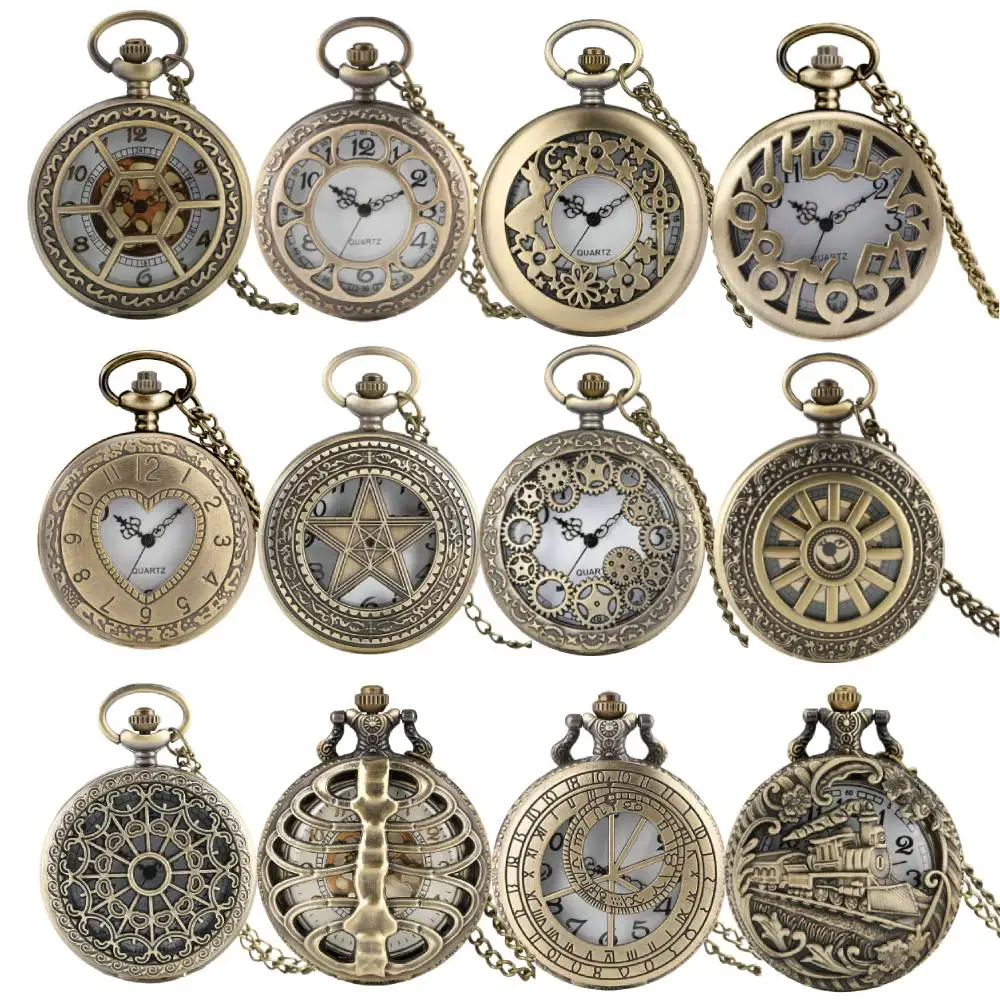 Orologio da tasca al quarzo in bronzo cavo, collana, orologio con numeri arabi, quadrante classico, orologio con ciondolo vintage, regalo per uomo e donna