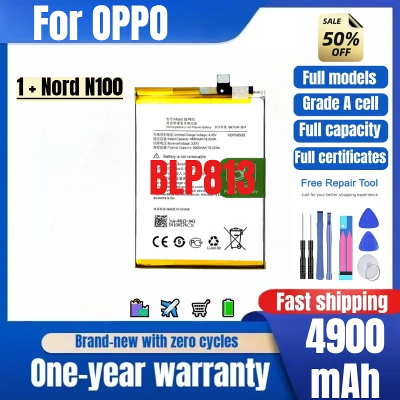 

BLP813 for OPPO 1 + Nord N100 Phone Battery High Quality High Capacity Battery Replacement Bateria Grade A Cell with Tools