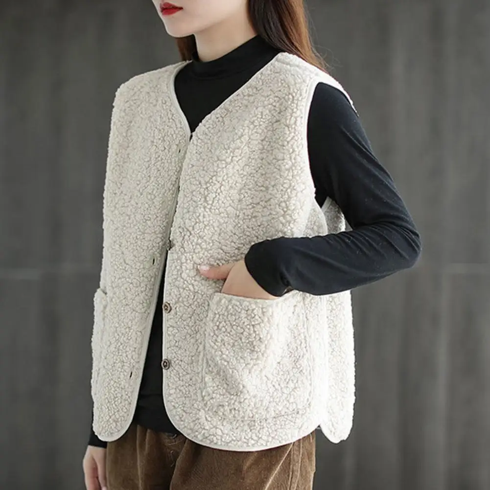 Fall Winter Women Vest Coat Fleece Single-breasted Double Pockets Sleeveless Cardigan Office Waistcoat