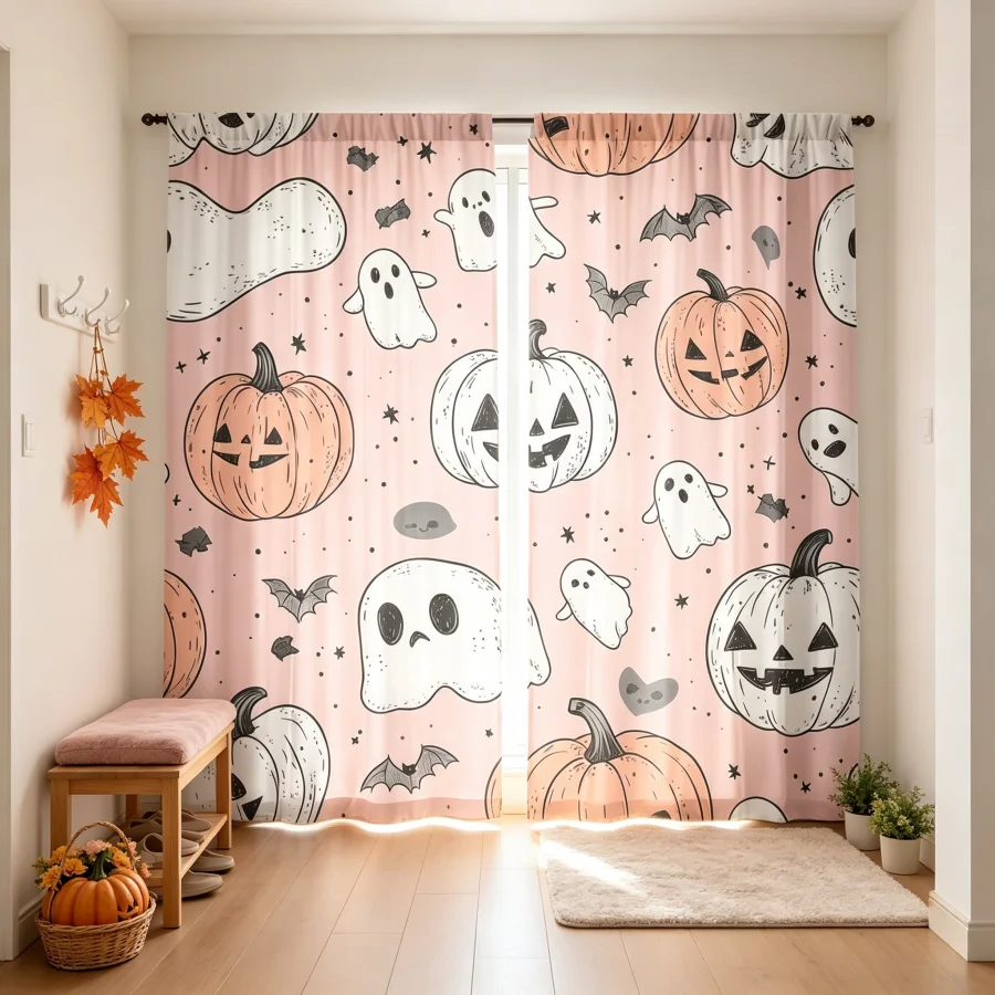 2PCS Digital Print Curtain, Orange Pink Ghost Cute Halloween, Pastel Spooky Cute for Living Room Bedroom Kitchen Decor