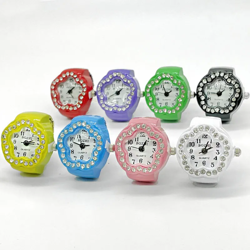 WLP Cute Creative Rhinestone Star Clock Dial Finger Rings Retro Roman Quartz Watch Ring z elastycznym paskiem Mężczyźni Kobiety Biżuteria