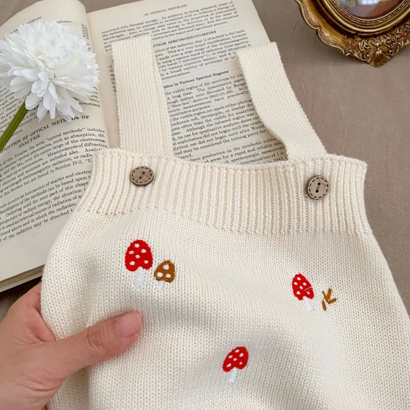 2024 Spring Autumn Kids Baby Girls Mushroom Embroidered Sweater Coat Sleeveless Rompers Overall Newborn Toddler Clothes 0-3Y