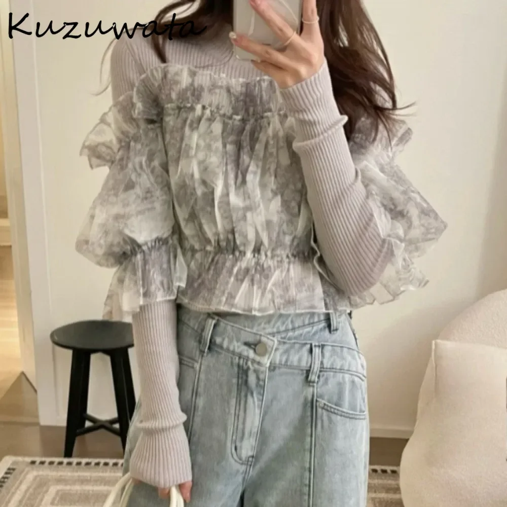 Kuzuwata Lovely Print Half-high Collar Woolen Pullover Knit Mesh Fungus Patchwork Casual Jumper Japan All-match Slim Sexy Mujer