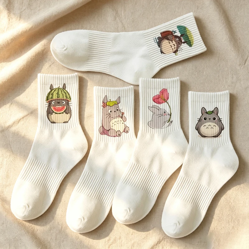 5Pairs Cartoon Totoro Women Cotton Crew Socks Cute Print All Seasons Athletic Casual Calf Socks Lightweight Above Ankle Socks