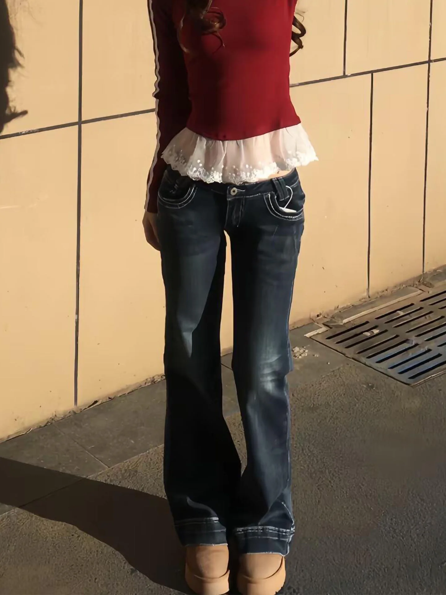 

Sexy American Style Slim Fit Deep Blue Bell Bottom Jeans Women's Vintage Low Waist Slimming Floor Length Pants Spring 2026