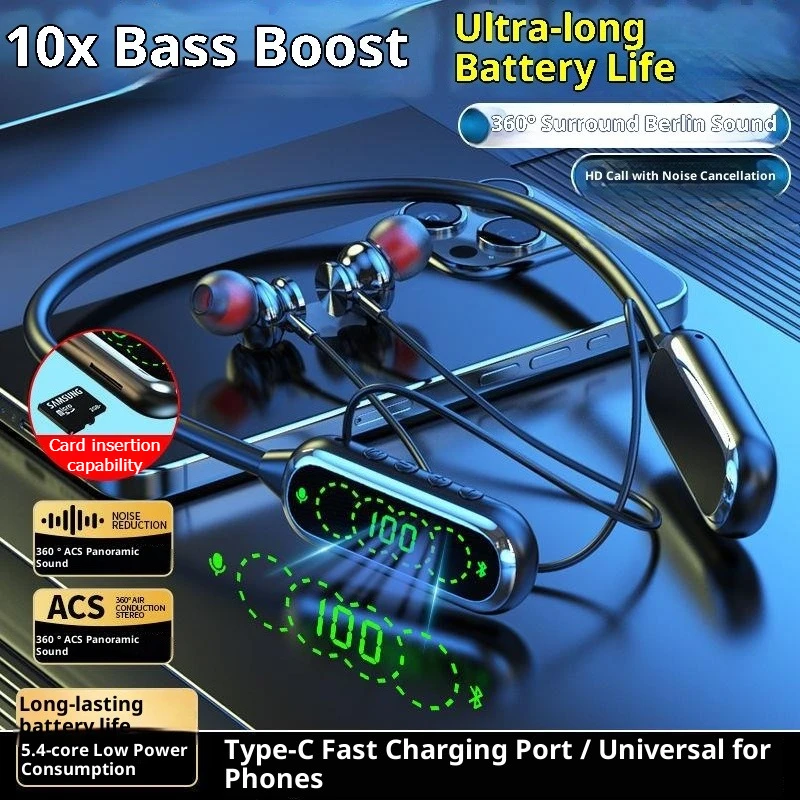 

Neck-hanging Bluetooth Earphones LED Display Wireless Karaoke Headphones Stereo Sports Headsets Long Battery Life Plug-in Card