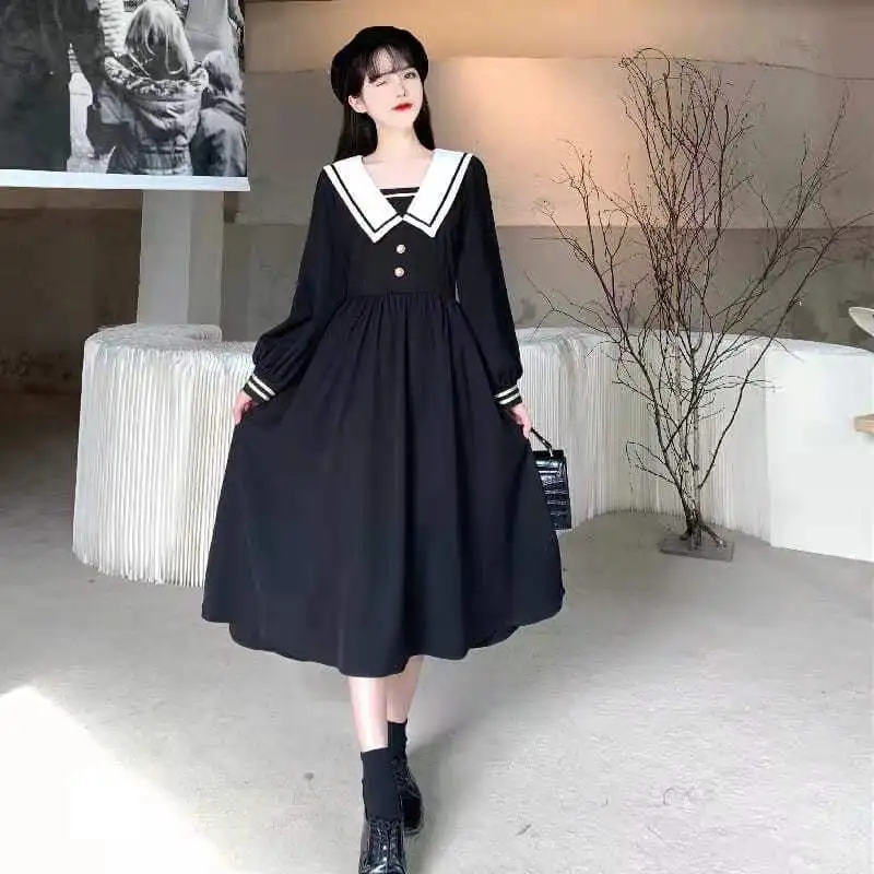 College Style Navy Collar Waist Cinching Loose and Slimming Dress New Japanese Sailor Suit Long Skirt