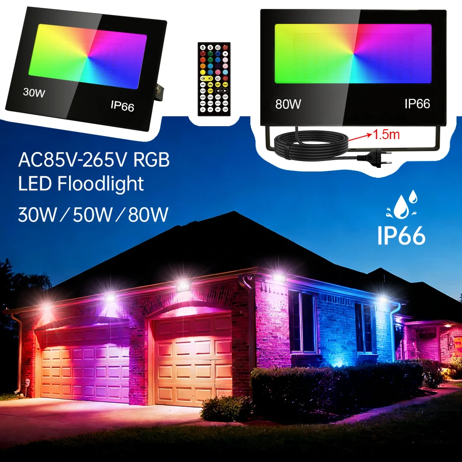 

Outdoor LED Floodlight RGB Color+WW 80W 50W 30W AC85-265V Waterproof IP66 Street Garden Spotlight with EU/US/AU/UK Power Plug